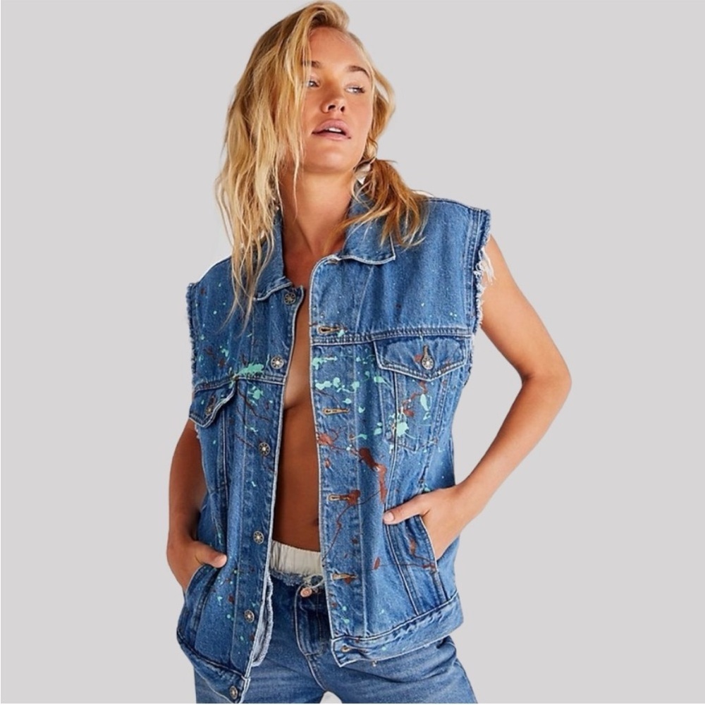 NWT Free People x Tricia Fix Dalia Denim Vest Embroidered Floral Paint Splatter